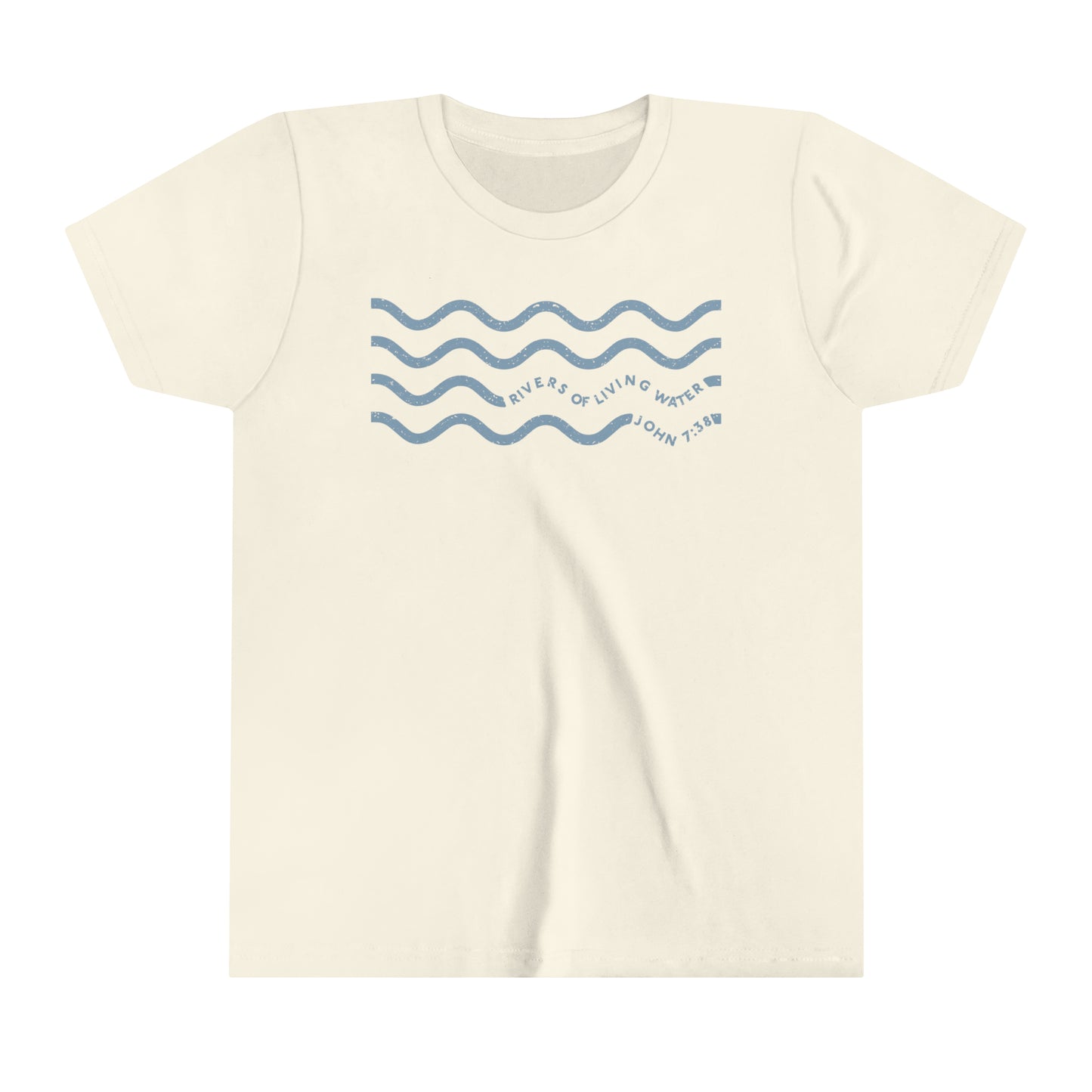 Christian kids' tee - 'Rivers of Living Water' design inspired by John 7:38 - Cozy 100% cotton - Sizes 6Y to 12Y - Nurture faith in your child.