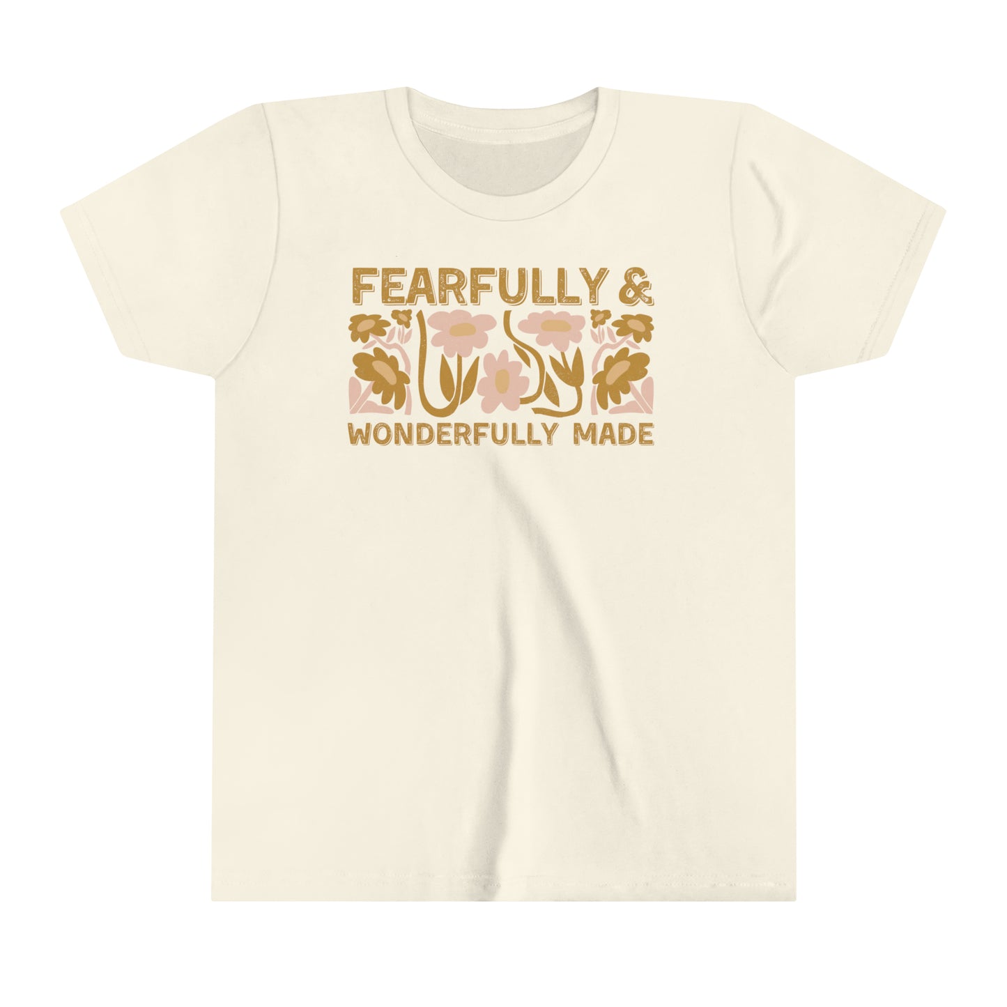 Christian kids' tee - 'Fearfully and Wonderfully Made' floral design - Cozy 100% cotton - Sizes 6Y to 12Y - Embrace the beauty of uniqueness.