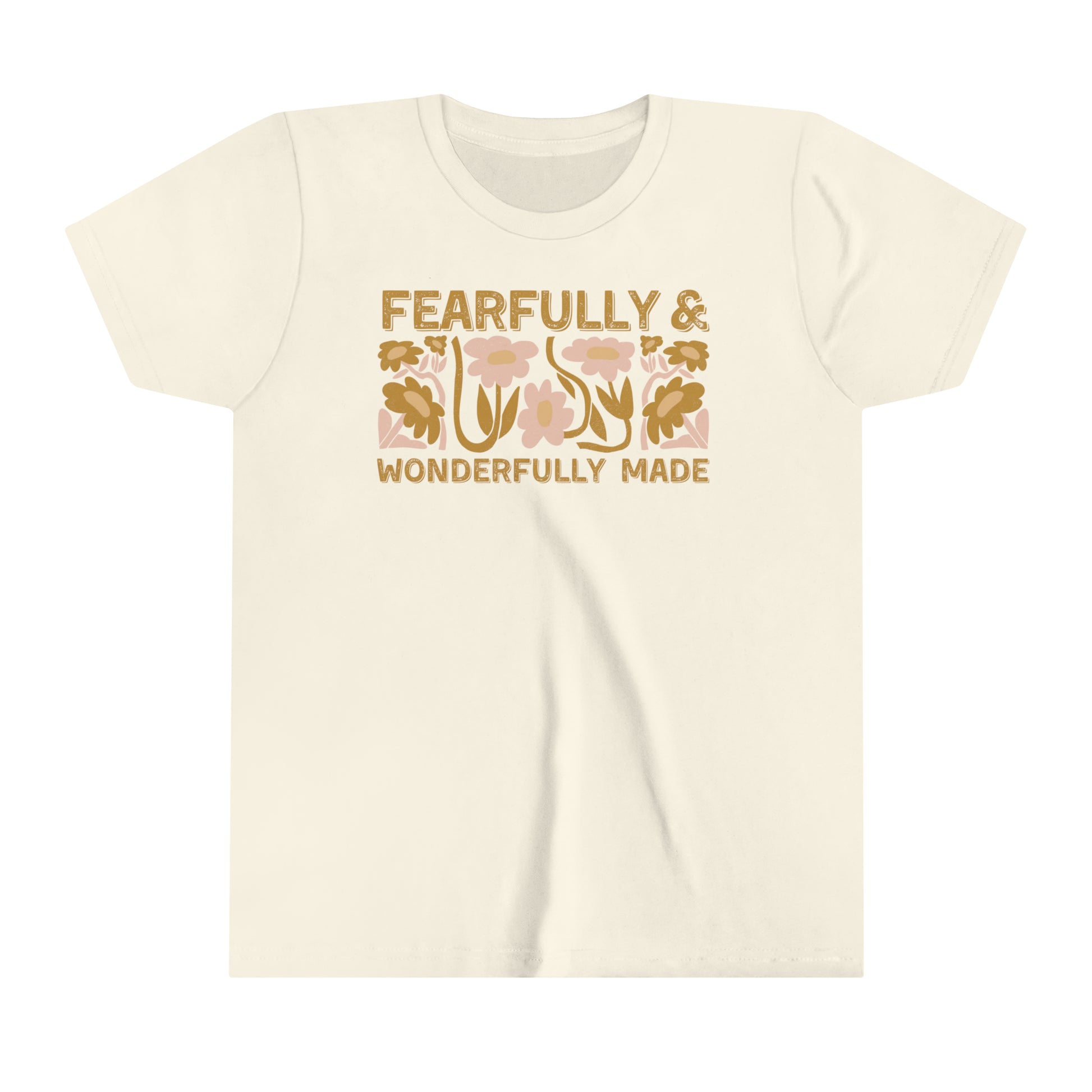 Christian kids' tee - 'Fearfully and Wonderfully Made' floral design - Cozy 100% cotton - Sizes 6Y to 12Y - Embrace the beauty of uniqueness.