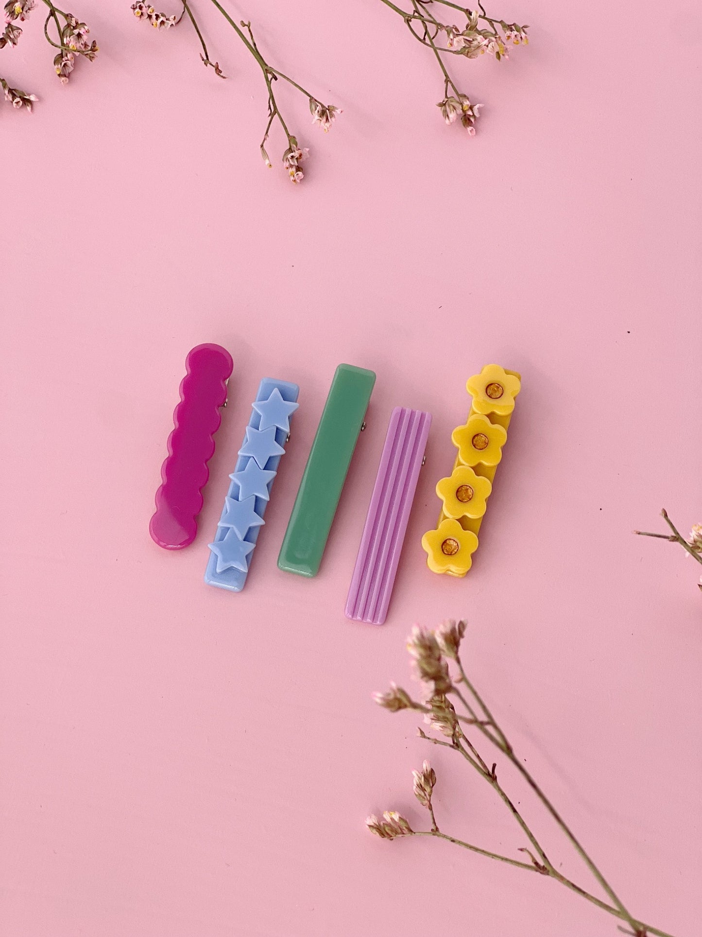 adorable colorful hair accessories, plum, baby blue, sage green, light lavendar and dark yellow clips.