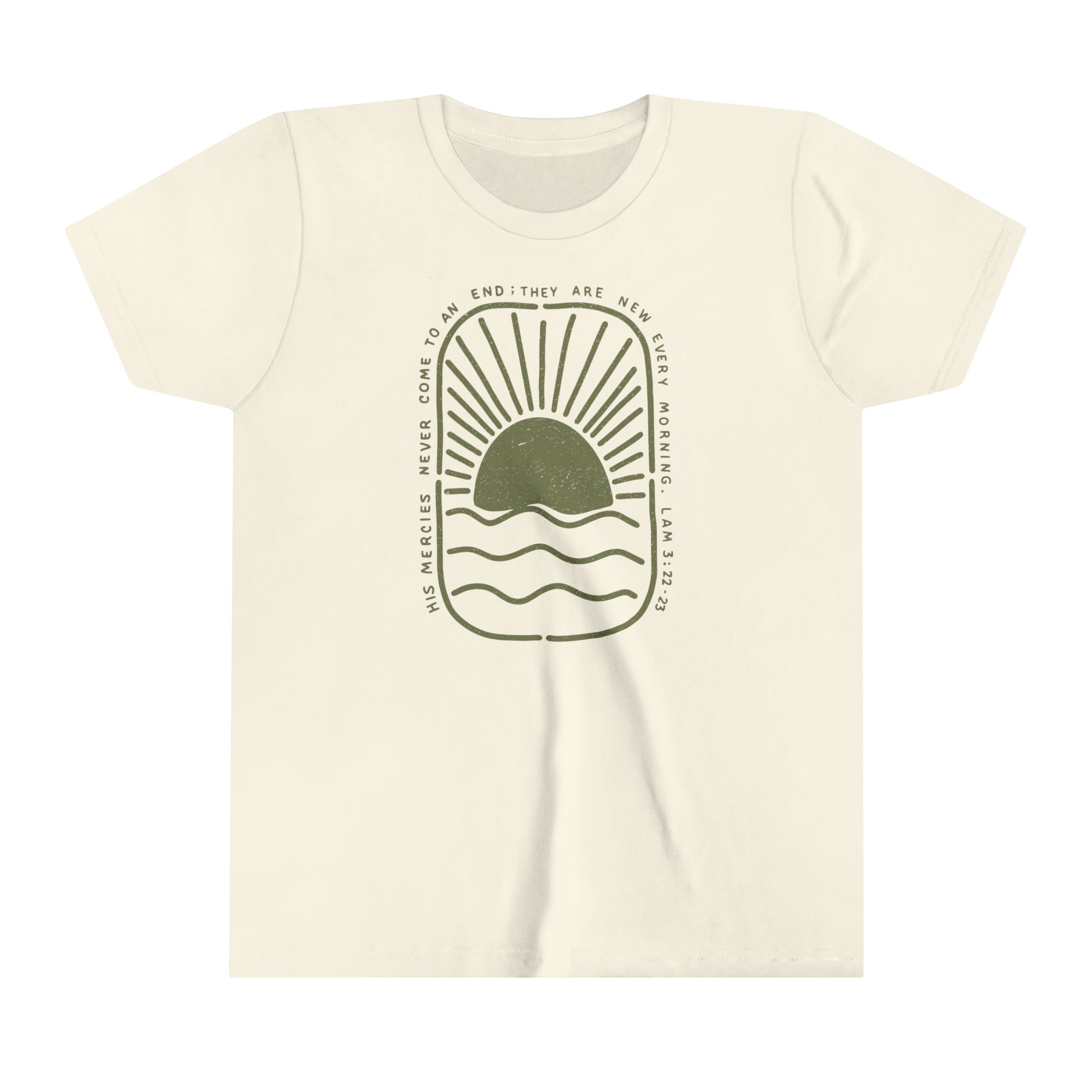 Toddler green sunrise tee with 'New Morning, New Mercies' design - Available in sizes 2T to 5T - Instill faith and love in your little one with this inspiring Christian t-shirt.