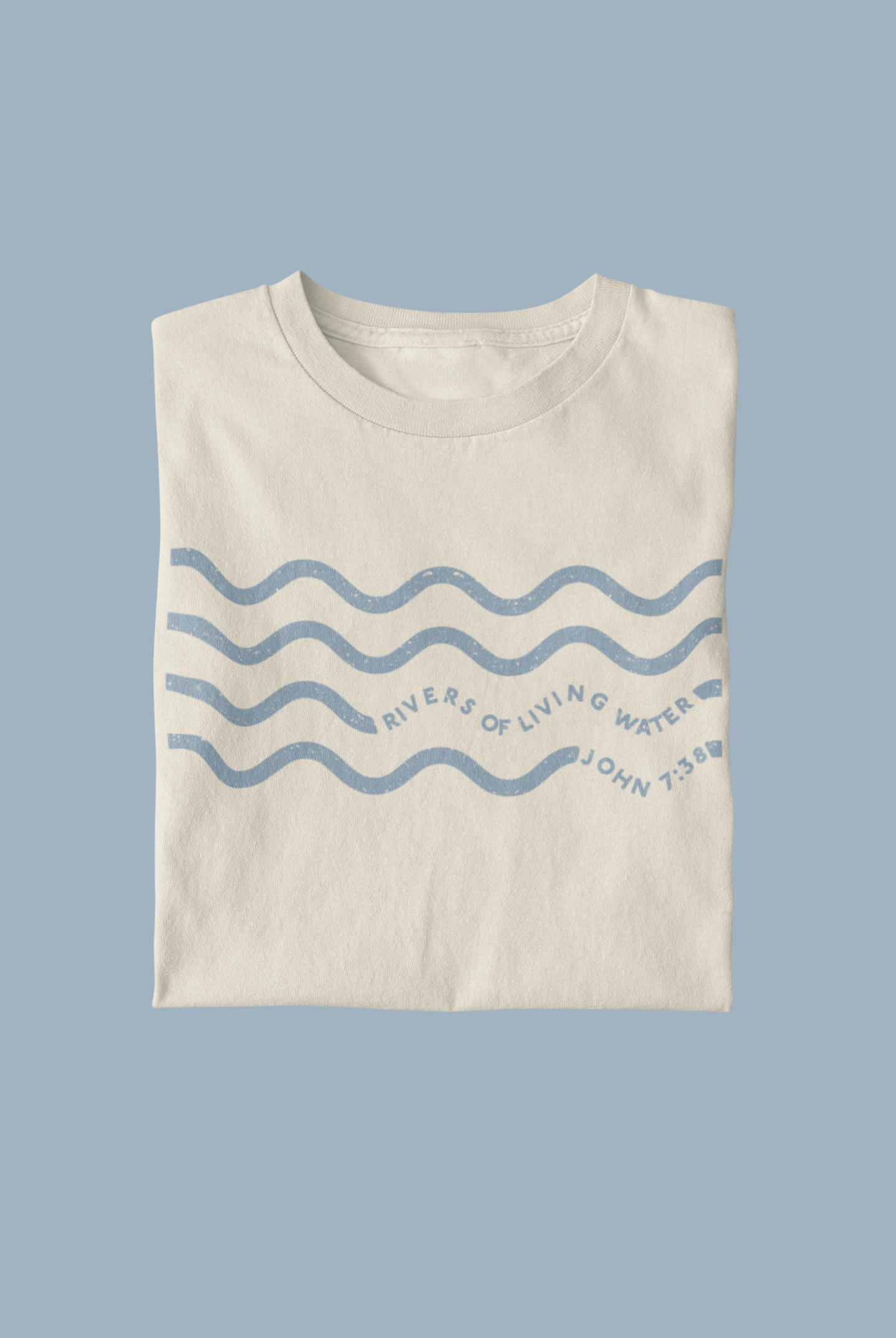 Kids' t-shirt with minimalist water wave design and John 7:38 Bible verse - Available in sizes 6Y to 12Y - Embrace faith with this inspirational shirt.