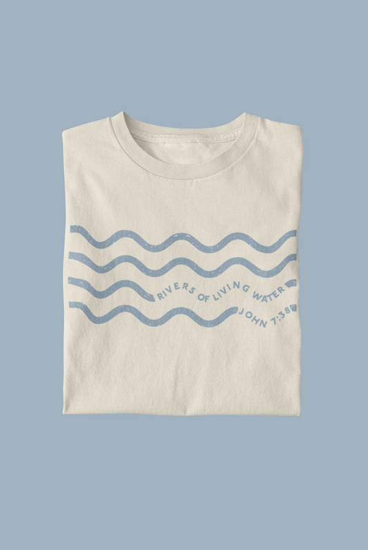 Kids' t-shirt with minimalist water wave design and John 7:38 Bible verse - Available in sizes 6Y to 12Y - Embrace faith with this inspirational shirt.