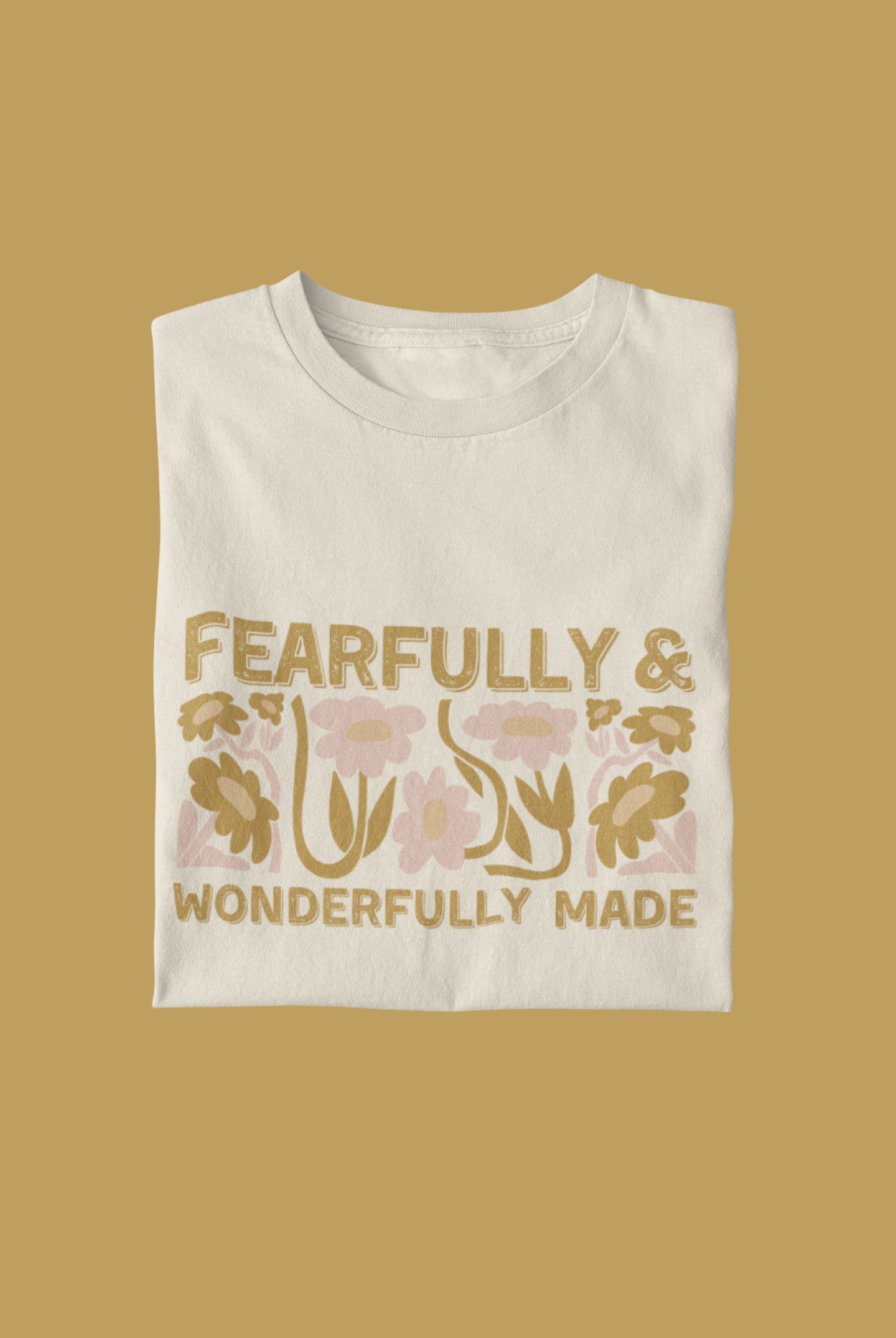 Kids' t-shirt with floral pattern and 'Fearfully and Wonderfully Made' verse - Available in sizes 6Y to 12Y - Empower your child with this inspiring shirt.