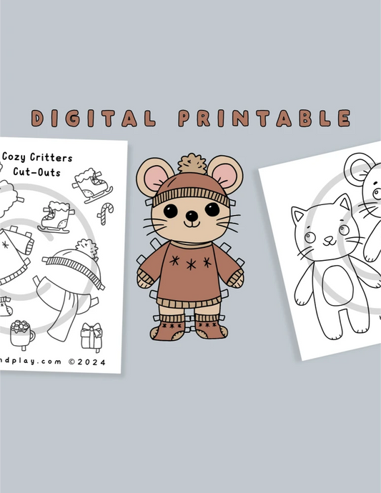 Printable paper doll set featuring three critters: a bear, kitten, and mouse, with winter-themed outfits and accessories like sweaters, scarves, and hats. Perfect for kids' crafts, homeschooling, and festive activities."