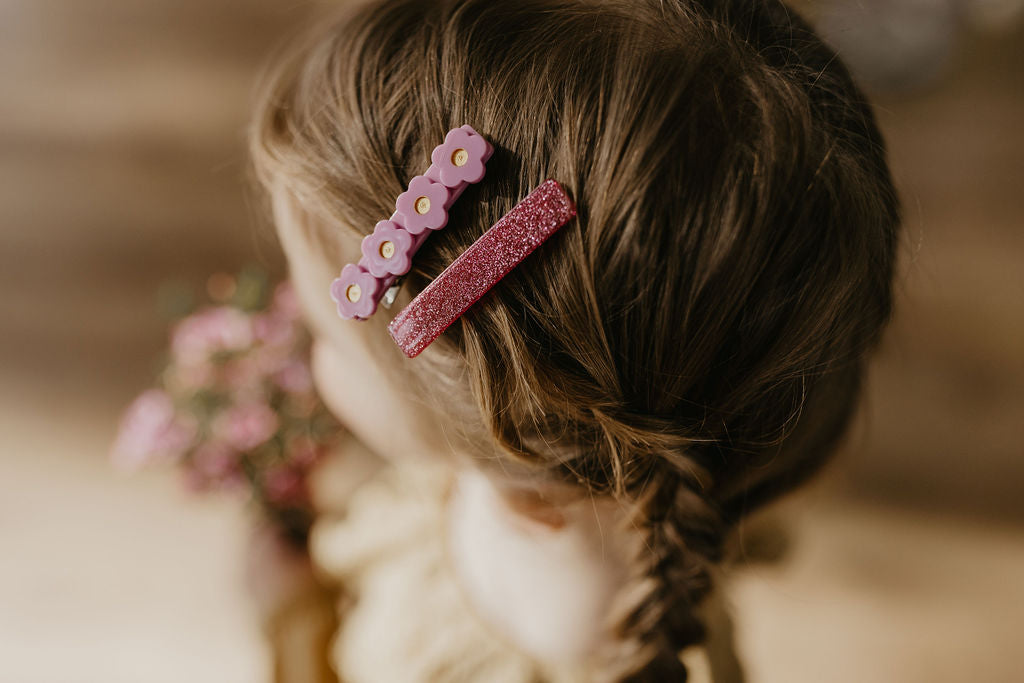 girl hair accessories, pink glitter bar clip, purple flower alligator clip