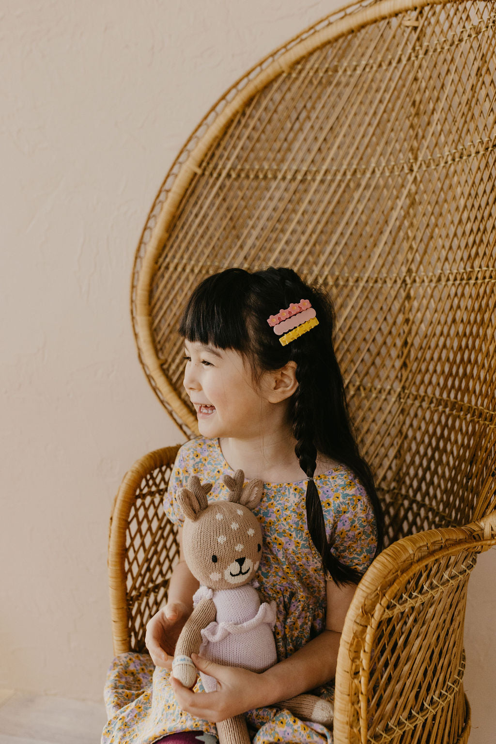 hair styles for little girls, pink flower, scallop, yellow star clip on long dark hair